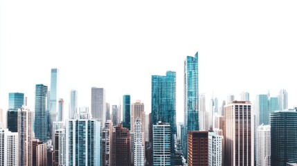 Obraz premium Panoramic view of modern skyscrapers in a dense urban landscape, isolated on white background