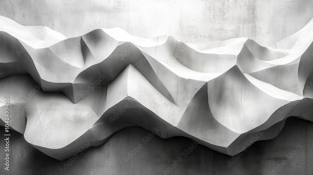 Poster A striking abstract sculpture showcases a series of undulating waves crafted from concrete, featuring smooth curves and sharp angles. The minimalist design emphasizes texture and depth.