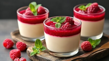 Delicious Coconut Panna Cotta with Raspberry Sauce. This exquisite dessert features a silky, creamy coconut panna cotta topped with a vibrant raspberry sauce.