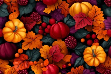 A vibrant autumn scene featuring colorful pumpkins, berries, and multicolored leaves, capturing the essence of fall.