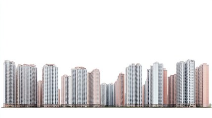 Obraz premium Panoramic view of tall apartment buildings and business skyscrapers, isolated on white background