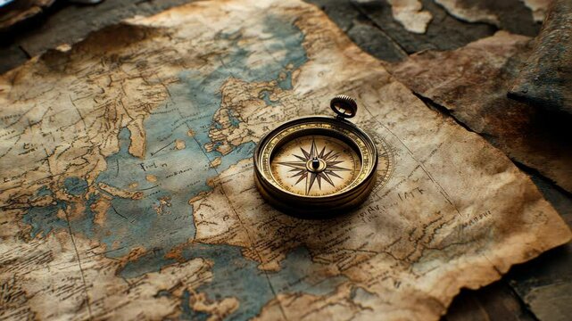 An antique compass rests on a worn-out world map, ready to guide adventurers on their journeys