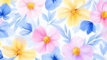 Obraz premium Floral Watercolor Pattern with Pink, Yellow, and Blue Flowers