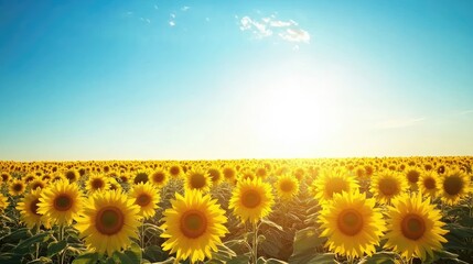 Obraz premium Sunflower field stretching under a clear blue sky, with vibrant blooms symbolizing the warmth and happiness of summer
