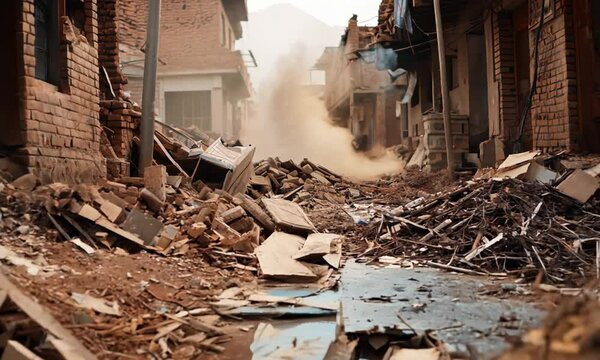 Devastated Street with Rubble and Debris after Earthquake in Urban Area