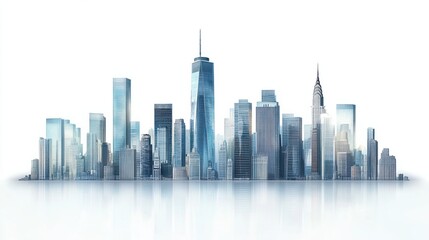 Fototapeta premium Skyline panorama featuring glass-covered skyscrapers and urban high-rises, isolated on white background
