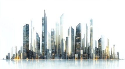 Fototapeta premium Wide panorama of futuristic office towers and residential skyscrapers, isolated on white background