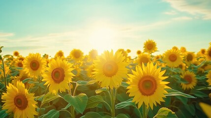 Obraz premium A beautiful field of sunflowers under a clear blue sky, symbolizing the joy and vibrance of a sunny summer day