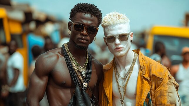 Albinismo como ausencia de melanina, pareja de j&oacute;venes apuestos africanos, albino y africano. Concepto de igualdad.