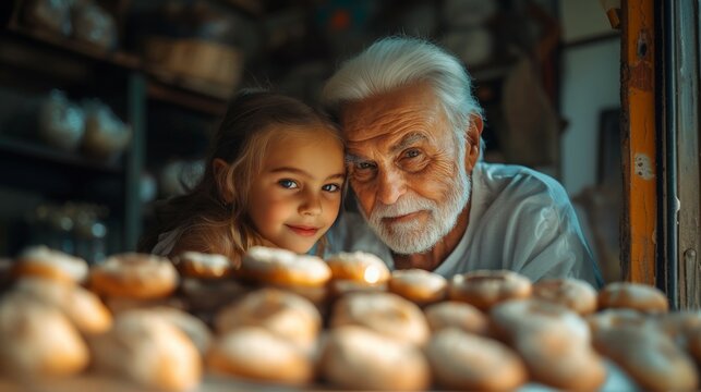 foto tierna de abuelo y nieta, cocinando, panecillos, concepto de ternura, familiar y cari&ntilde;o, entre el abuelo y su nieta.