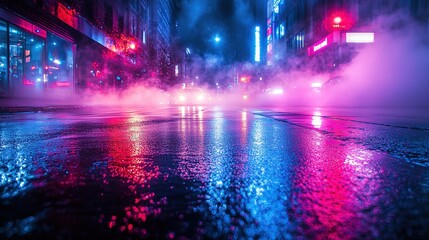 Fototapeta premium Vibrant City Street at Night with Colorful Reflections