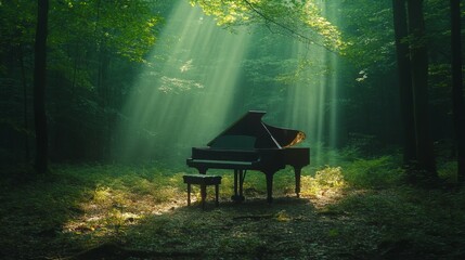 Un piano en el bosque o selva, iluminado por los rayos de sol incidente que penetran, fotografía romántica y idílica donde predomina el color verde.