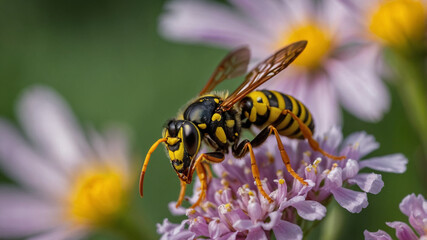 Fototapeta premium The common wasp (Vespula vulgaris) sucks the nectar from beautiful flowers