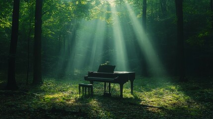 Un piano en el bosque o selva, iluminado por los rayos de sol incidente que penetran, fotografía romántica y idílica donde predomina el color verde.