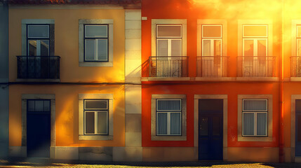 Obraz premium Vibrant facades of two adjacent buildings with warm lighting.