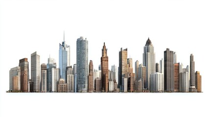Wide panoramic view of residential and commercial skyscrapers, isolated on white background