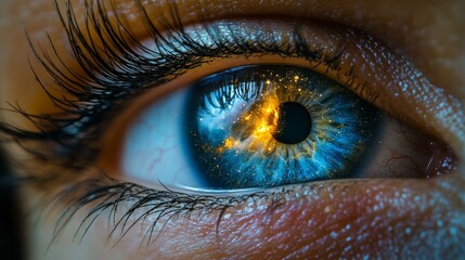 Foto macro de un ojo azul, donde se nota la definición de la pupila. Concepto de salud visual.