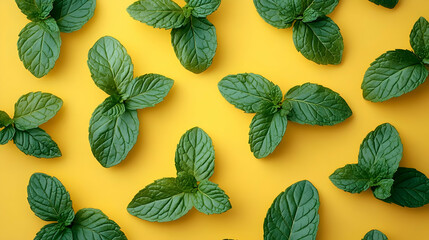 Obraz premium Fresh Green Mint Leaves on Yellow Background: Pattern, Texture, Nature