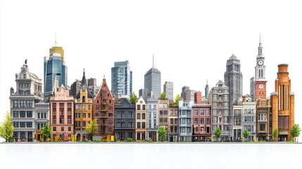 Obraz premium Wide-angle panorama of city buildings with diverse architectural styles, isolated on white background