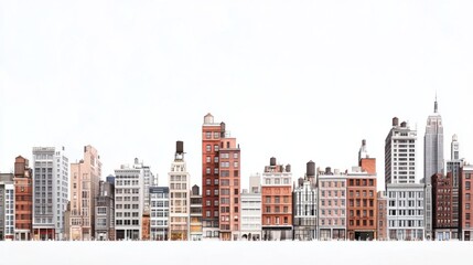 Obraz premium Wide-angle panorama of city buildings with diverse architectural styles, isolated on white background