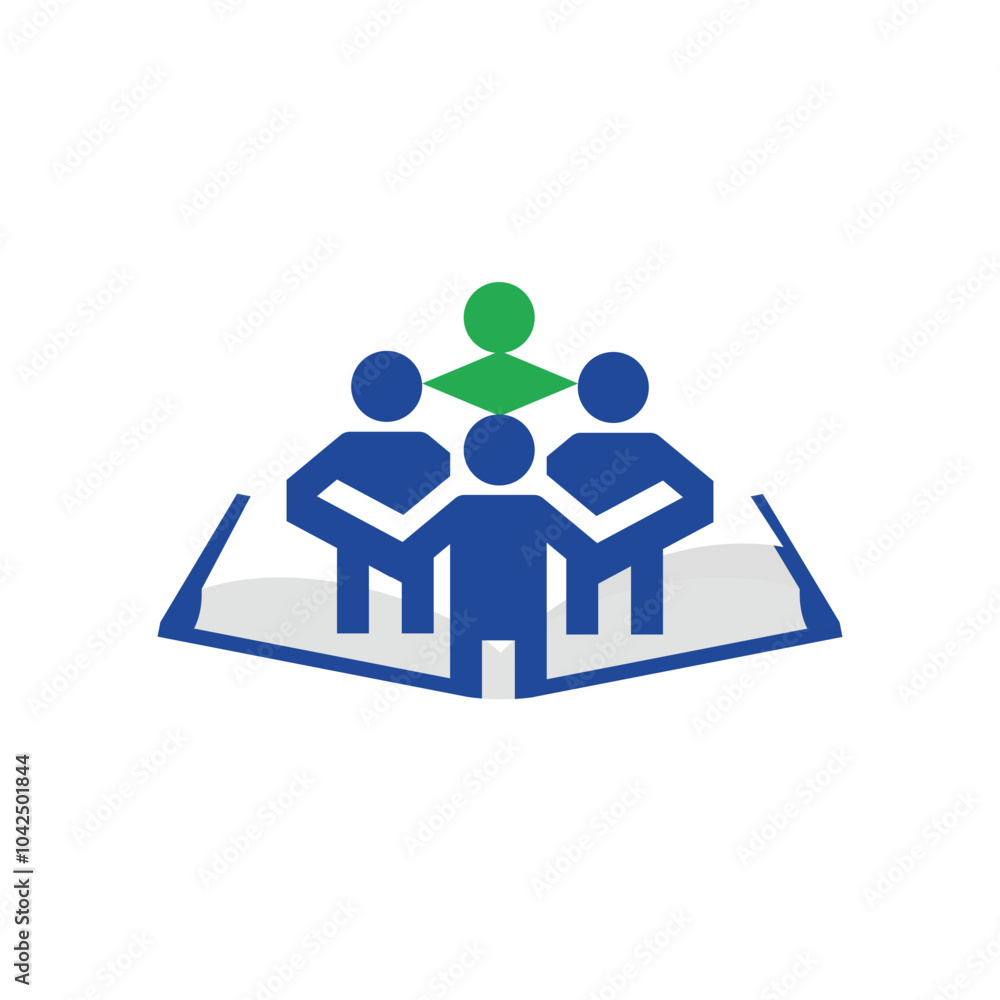 Poster this is a simple abstract design that depicts an open book with four abstract people together it in 