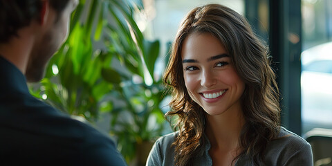 Fototapeta premium A beautiful woman with brown hair smiles while talking to an attractive man in his thirties, generative AI