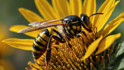 The common wasp (Vespula vulgaris) sucks the nectar from beautiful flowers