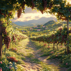 Obraz premium Charming Vineyard at Harvest: Ripe Grapes and Rolling Hills