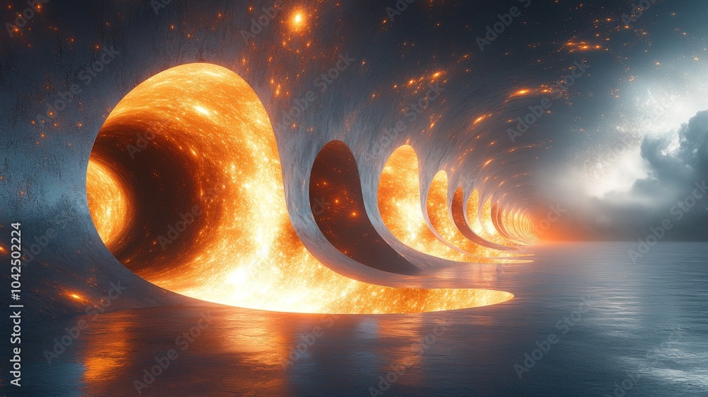 Poster the artwork showcases a series of luminous waves cascading from a vibrant cosmic backdrop, illuminat