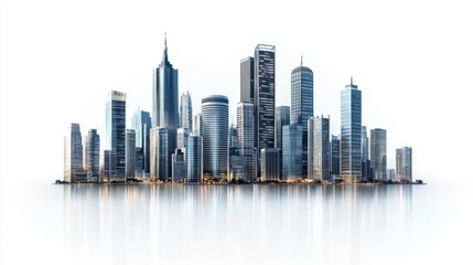 Obraz premium Wide-angle panorama of urban business district with towering buildings, isolated on white background