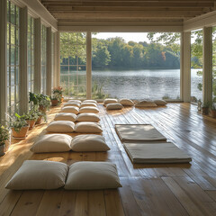 Fototapeta premium Tranquil Lakeside Yoga Studio: Serenity by the Water