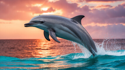 Fototapeta premium dolphins jumping with beautiful sunset. sunset dolphin cruise.