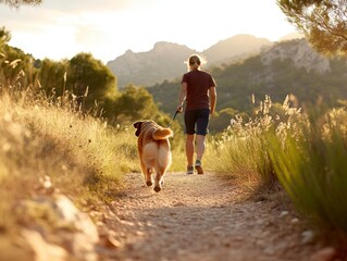 El perro como animal de compañía a lo largo de los siglos. Concepto de paseo y ocio con mascotas en el campo.