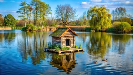 Obraz premium Duck house on island in lake in English countryside at tilted angle