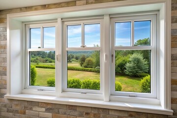 Fototapeta premium Durable PVC window frame with triple insulated glass in residence