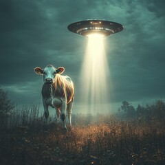 Ovni pretendiendo abducir a una vaca, concepto de extraterrestres y vida más allá del planeta tierra.

