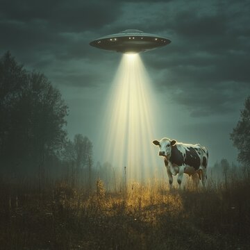 Ovni pretendiendo abducir a una vaca, concepto de extraterrestres y vida m&aacute;s all&aacute; del planeta tierra.

