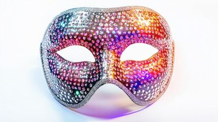 Crystal-studded mask with a silver base, shining under party lights, isolated on white background