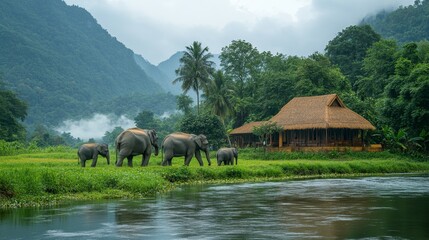 Paisaje con elefantes en Asia, pa&iacute;ses como Tailandia Vietnam Camboya y Laos usan elefantes para la productividad en el campo como animales de trabajo.

