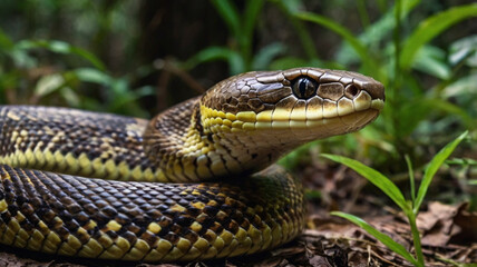 Fototapeta premium 4k close up snake in the forest junggle rock. python snake.