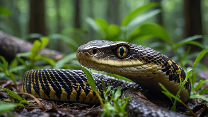 Fototapeta premium 4k close up snake in the forest junggle rock. python snake.