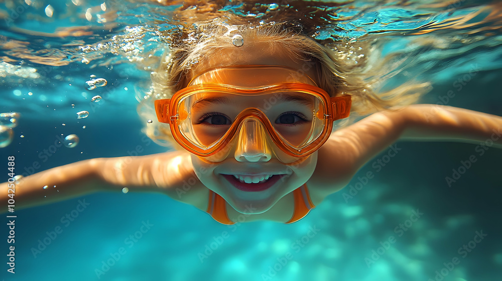 Wall mural Child swimming underwater with orange goggles, smiling joyfully.