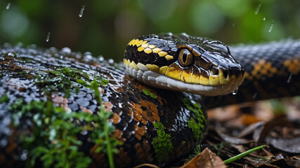 4k close up snake in the forest junggle rock. python snake.