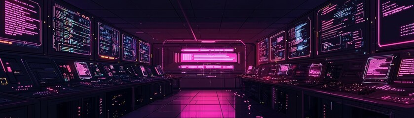 Futuristic control room illuminated by neon lights and high-tech interfaces in a cyberpunk setting