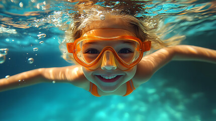 Naklejka premium Child swimming underwater with orange goggles, smiling joyfully.