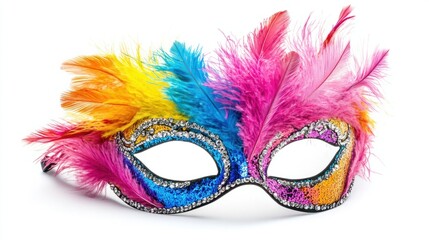 Feathered mask with multicolored plumes and rhinestones, bold and playful for a party, isolated on white background