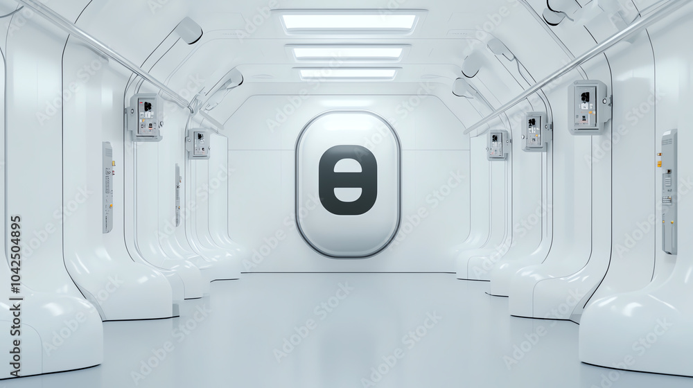 Poster futuristic white corridor with a central symbol exploring the intersection of technology and design
