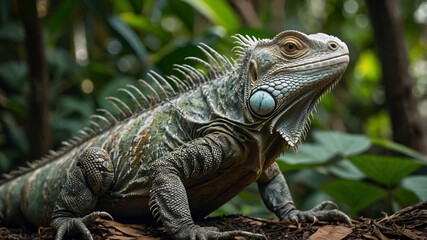 4K close up iguana in the forest