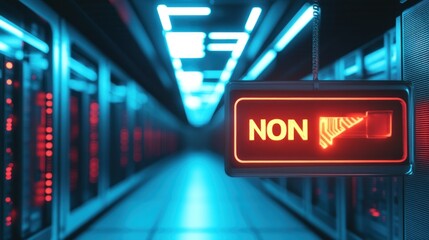 A neon sign hangs in a server room with the word "NON" and a red stop sign.