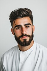 a barber looking at the camera, white background